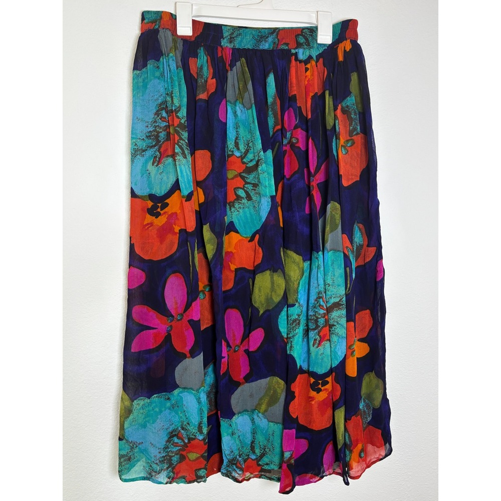 Amanda Smith Floral Maxi Skirt Womens Large Blue‎ Rayon Elastic Waist Lined Boho